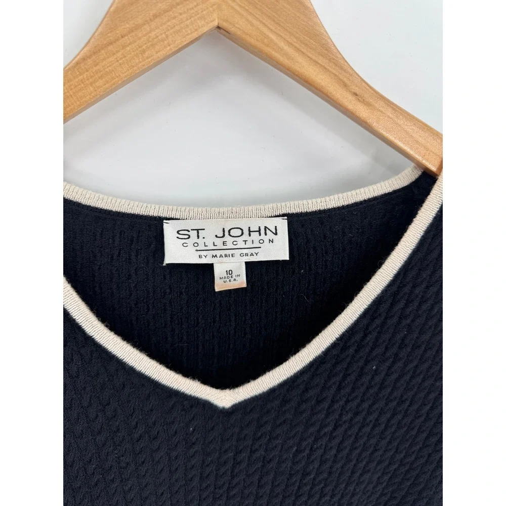 St. John Collection Knit Top Women‎ 10 Black V-Neck 3/4 Sleeve Textured Trim